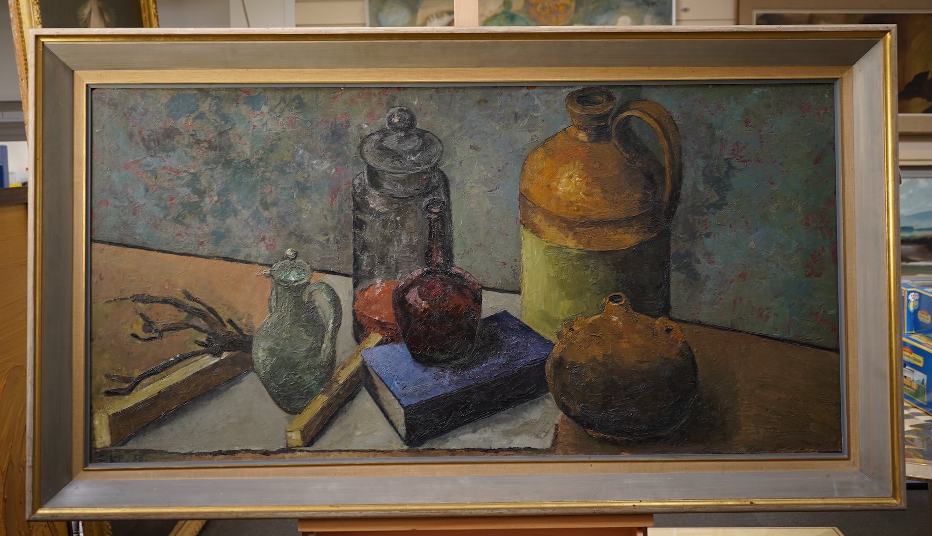 Clarisse Loxton-Peacock, later Lady Dunnett., Hungarian (1926-2004), Still life of bottles, a book and a flagon on a table top